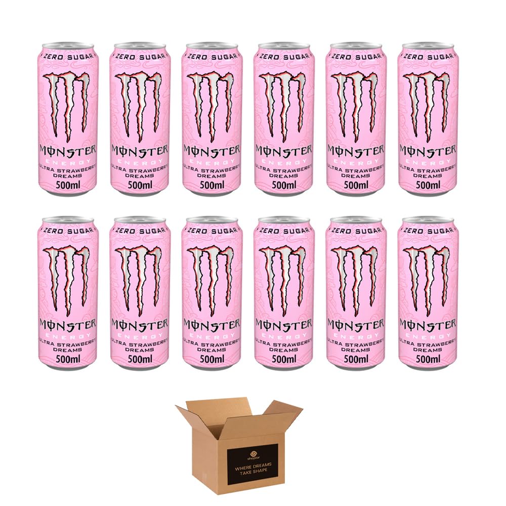 Monster Energy Drink Flavours | Juiced, Zero Sugar, Ultra, Monarch, Fiesta Mango, Strawberry Dreams, VR46, Punch | High Caffeine Sports Energy Drink | 500ml (Pack 12, Ultra Strawbery Dreams)