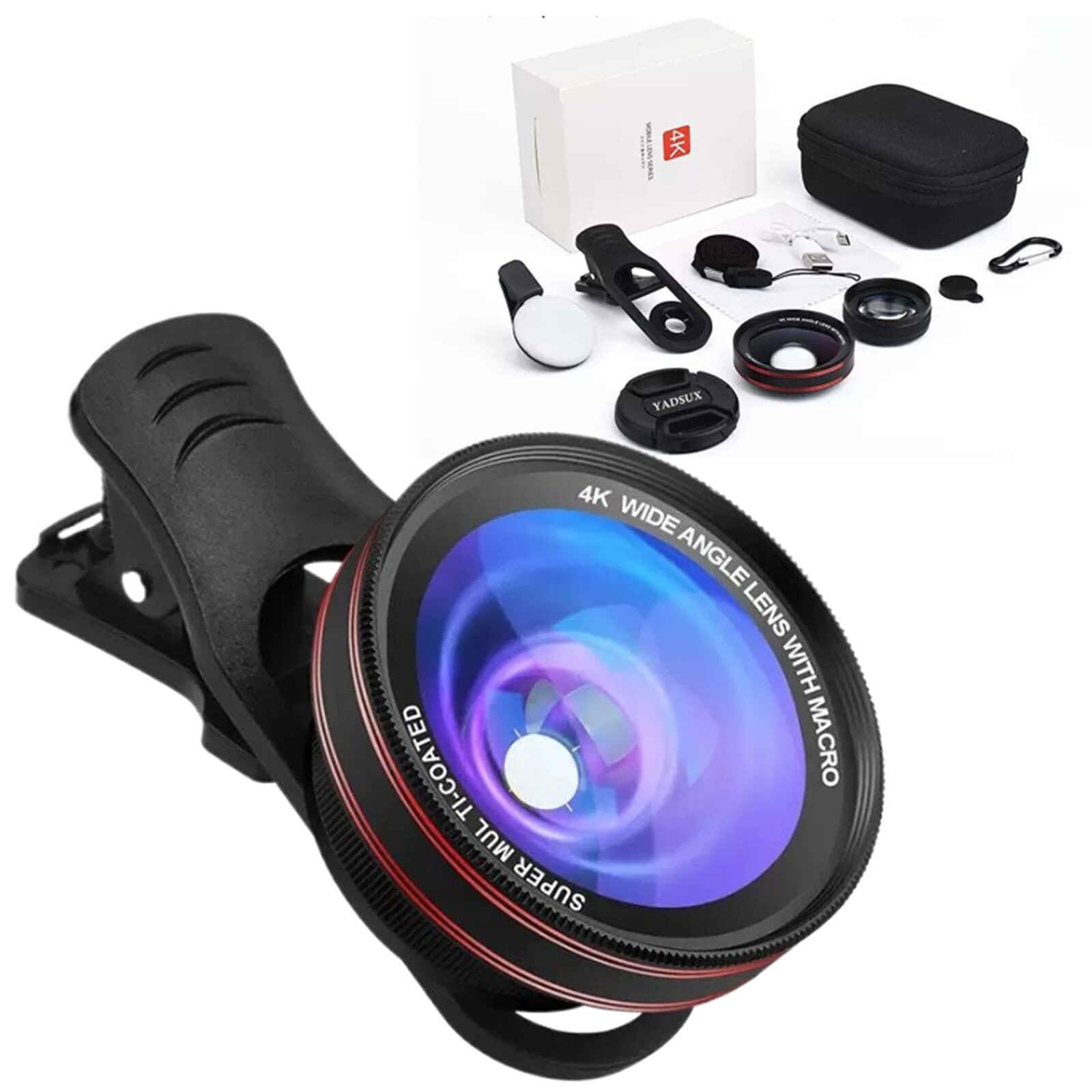 4K HD 0.45X Wide Angle Lens + 15X Macro Lens for iPhone Samsung - with Mini Selfie Ring Light, Quick Clip, Release Strap, Cleaning Cloth & Travel Case - Universal Phone Camera Lens Kit for Photography