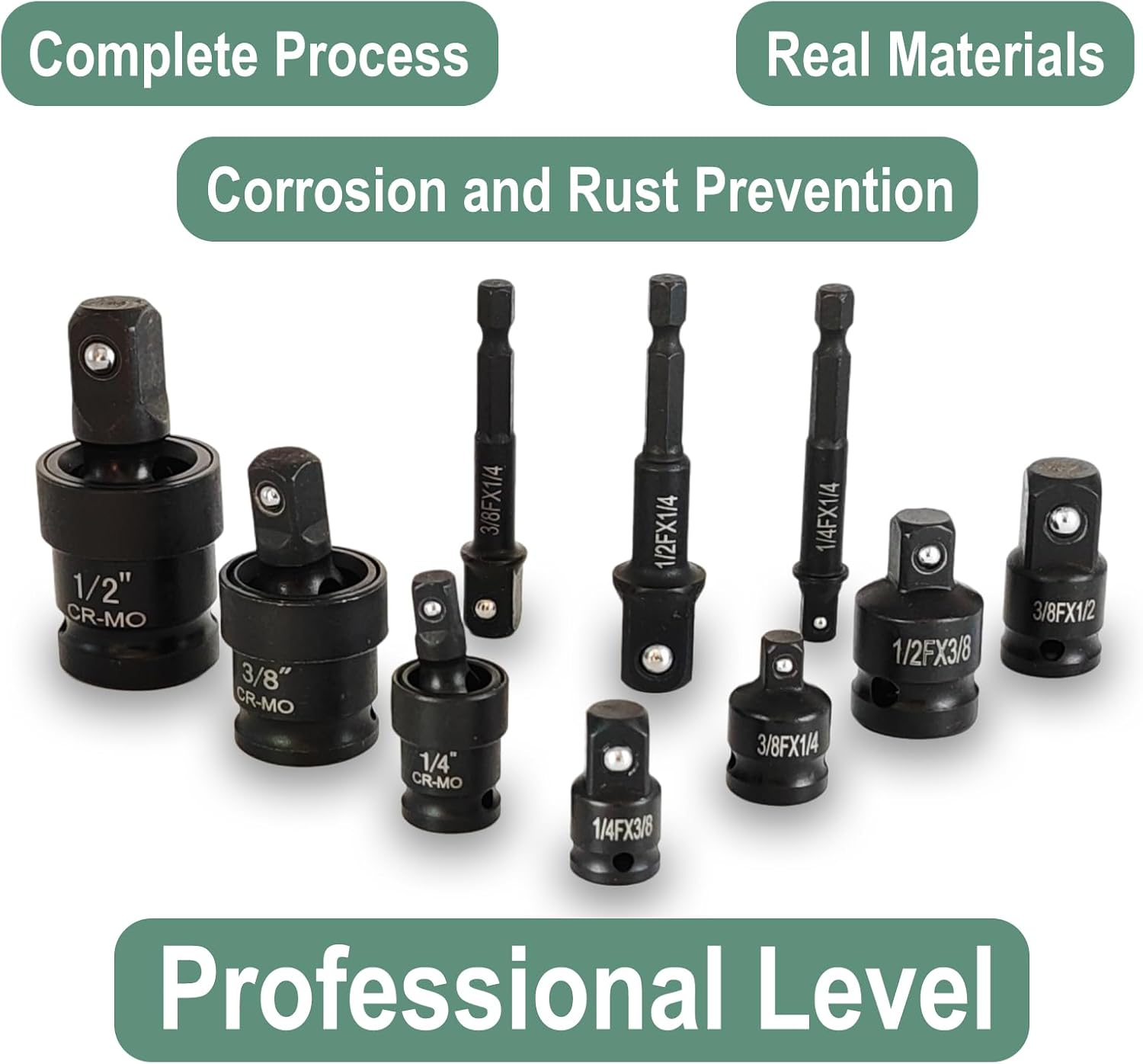 FUVONTA Impact Swivel Socket Adapter Set with Case - Universal Joint, Reducer & Drill Adapter (1/4" 3/8" 1/2") | CR-MO Steel for Automotive Repair, DIY Projects & Off-Road Emergencies (10 PC)