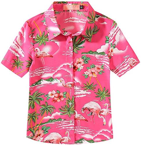 Big Girls Hawaiian Shirt, Kids Hawaiian Shirt, Button Down Luau Shirt for Kids Beach Tropical Shirt Casual Summer Short Sleeve Shirt (Small, Rose Red)