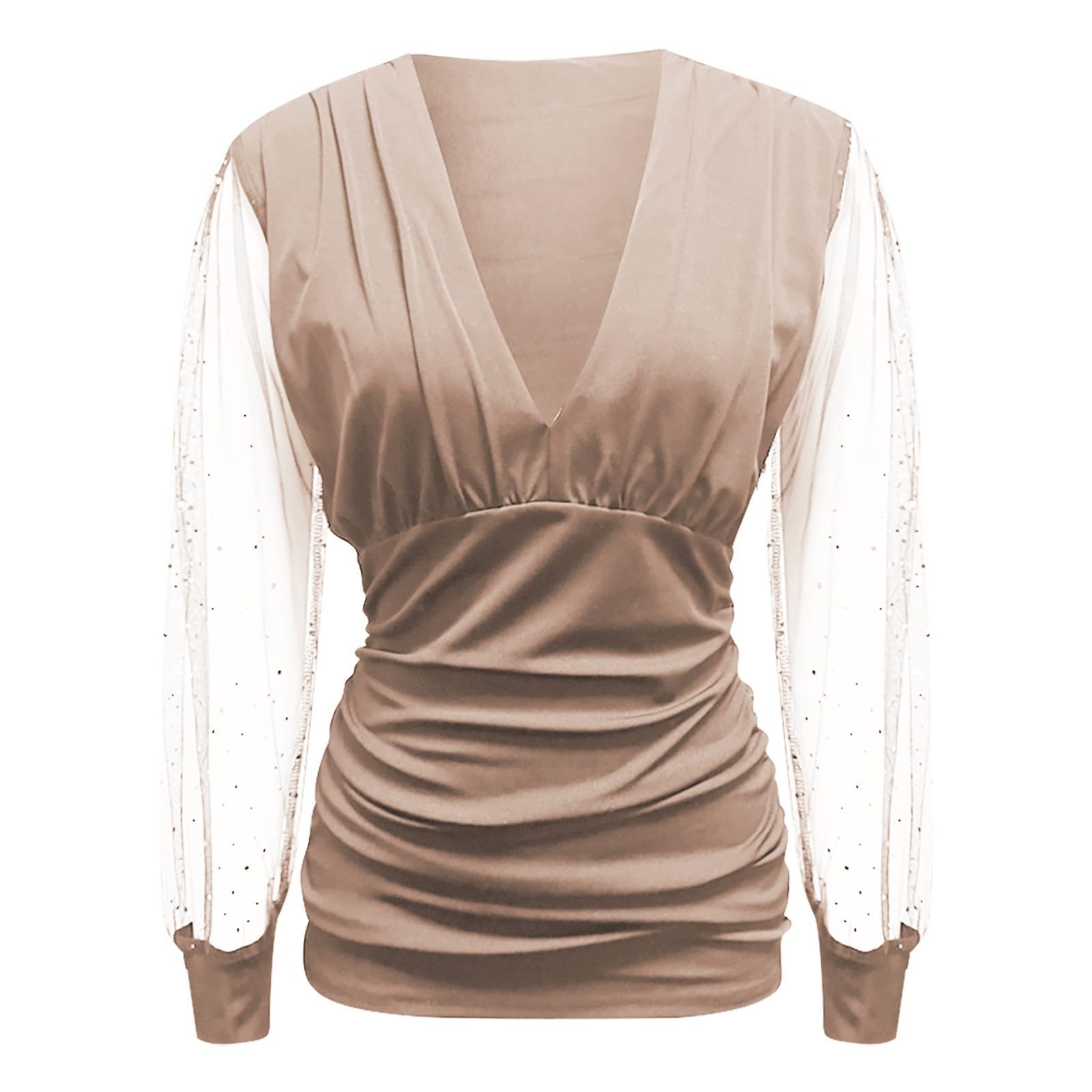 Generisch Top da donna con paillettes con scollo a V profondo e maniche lunghe, sexy, per cocktail party, elegante, per occasioni festive