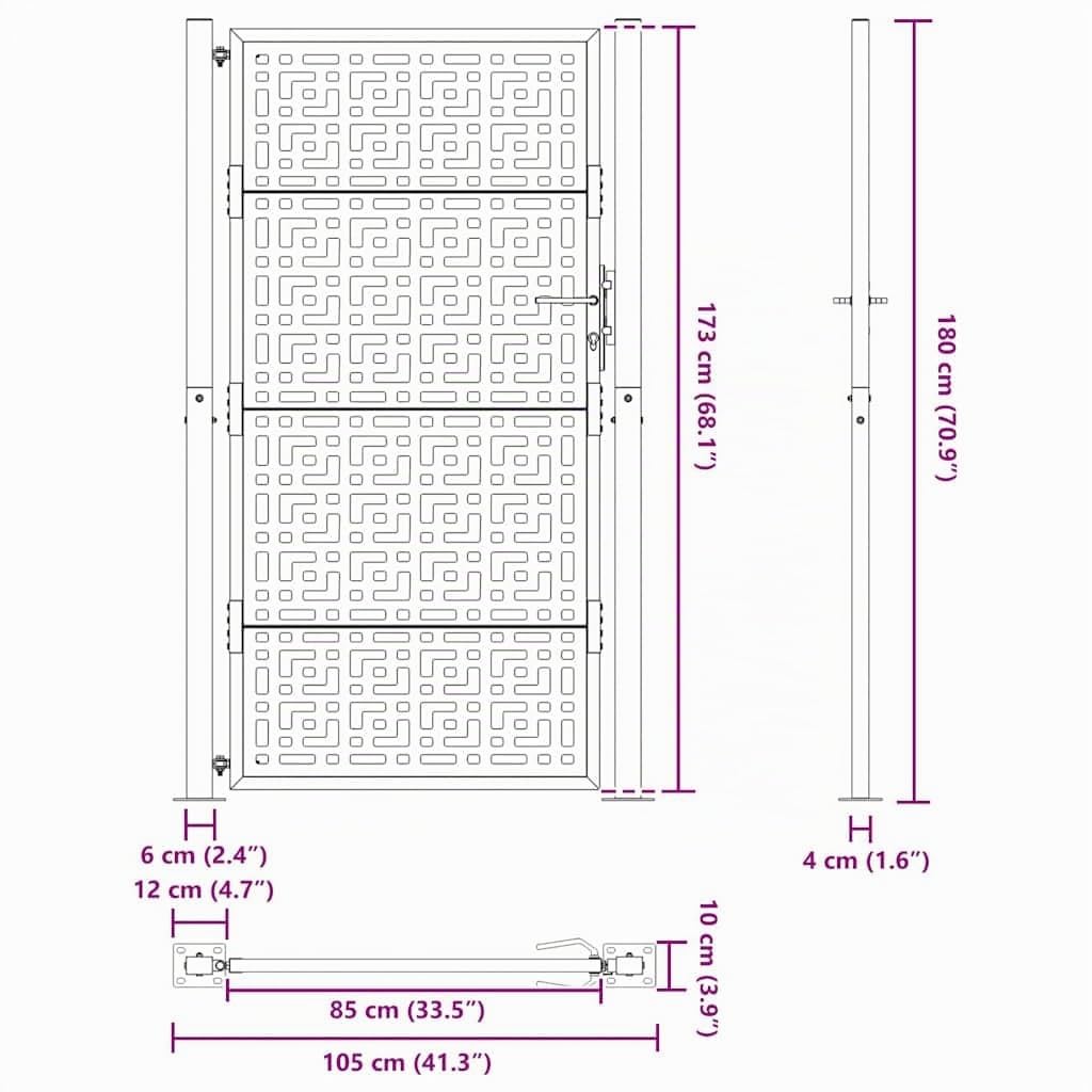 IKAYAA Puerta de Jardín 105x180 cm, Puerta para Valla con Sistema de Cerradura Acero Oxidado, diseño en Cruz