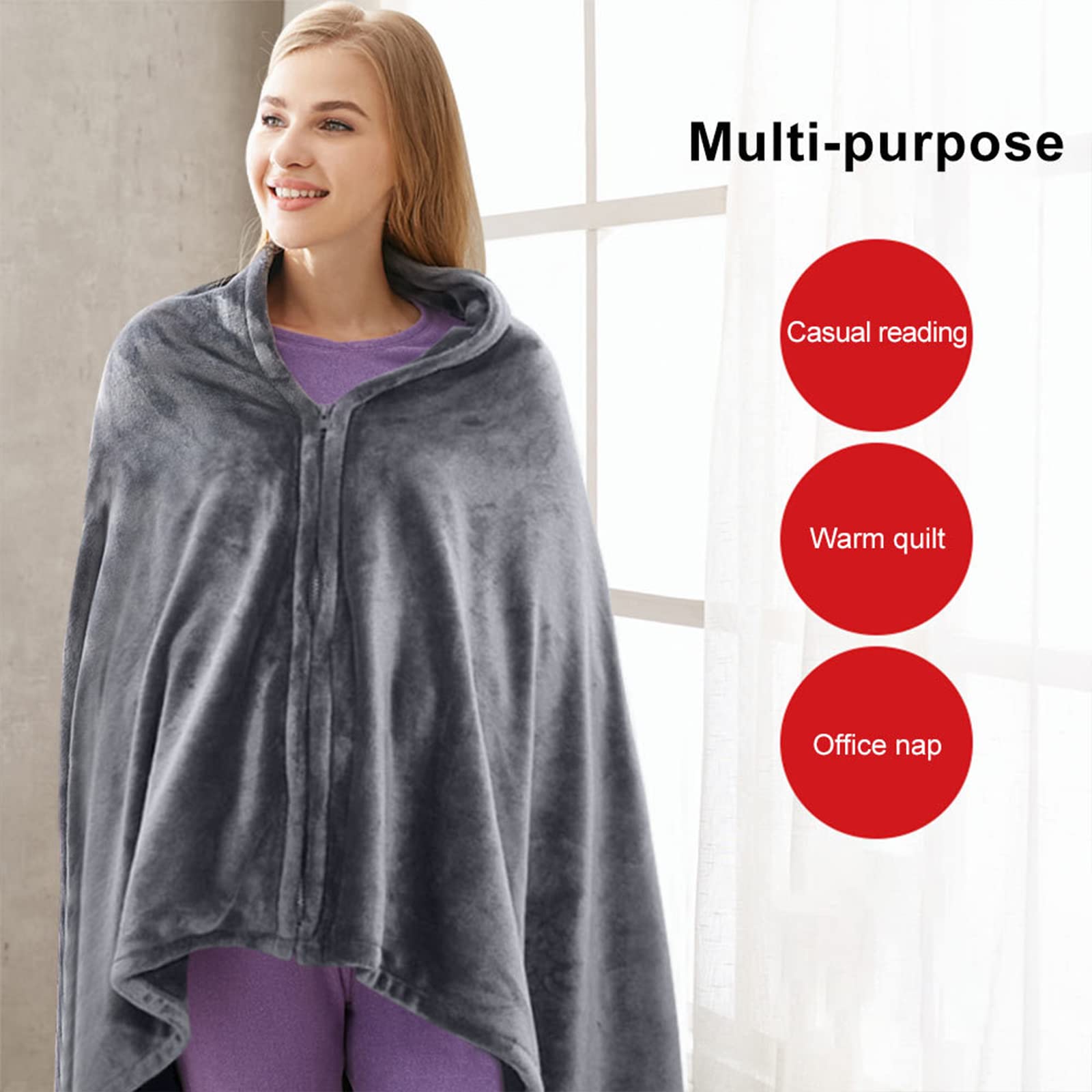 Coperta elettrica indossabile con USB, scialle riscaldabile, con cerniera, multifunzionale e portatile, in velluto corallo, per viaggi, casa, ufficio (150 x 85 cm)