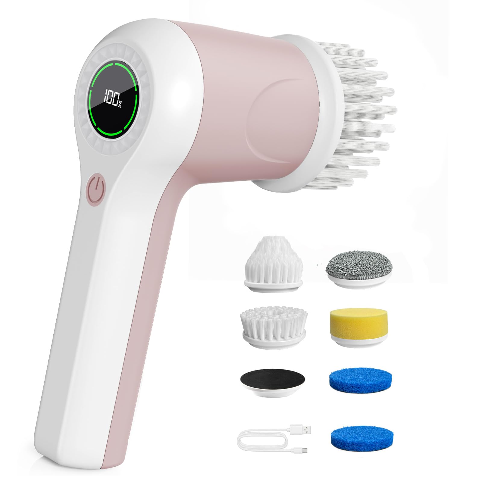 PUFTEM Electric Spin Scrubber, Cordless Shower Scrubber with Battery Level Display, 2 Speeds Electric Scrubber for Cleaning with 6 Replaceable Heads, Cleaning Brush for Bathroom/Sink/Window (Pink)