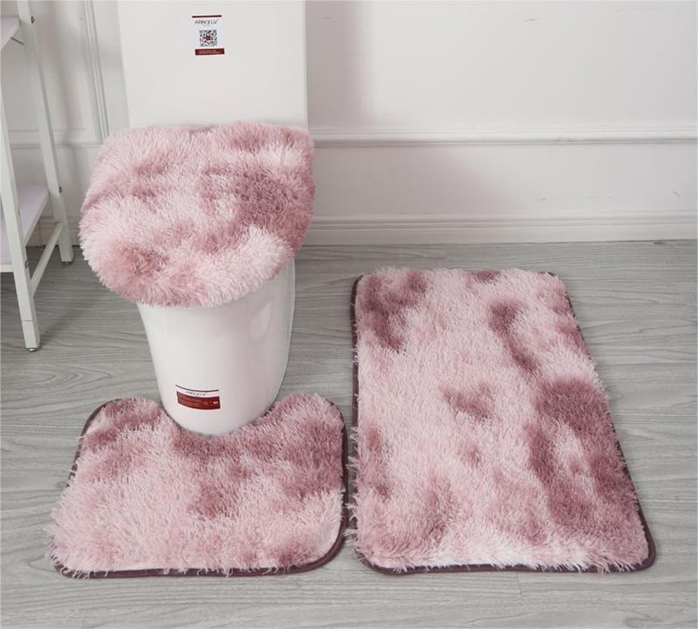 Washable Toilet Mat,Toilet Bath Mat,Soft Microfiber Bathroom Rugs Sets 3 Piece,Non-Slip Bath Mat Fluffy Plush Toilet Seat Cover For Bathroom,Water Absorbent Bathmat,Machine Washable (Light purple)