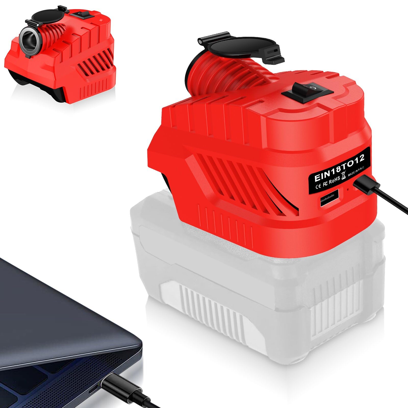 Step Down - Convertidor de batería para Einhell (18 V a 12 V) | Fuente de alimentación de 240 W para dispositivos de vehículo para nevera de coche, cargador USB Type-C