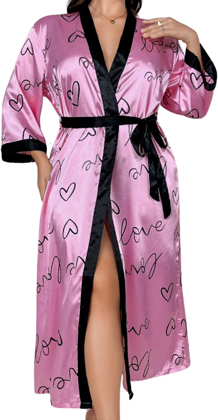 EHSUYAB Sexy Plus Size Robe For Women, Fits 12W-20W, Long Silky Satin Robes Valentines Boudoir Sleepwear 3Xl 3X Pink Heart