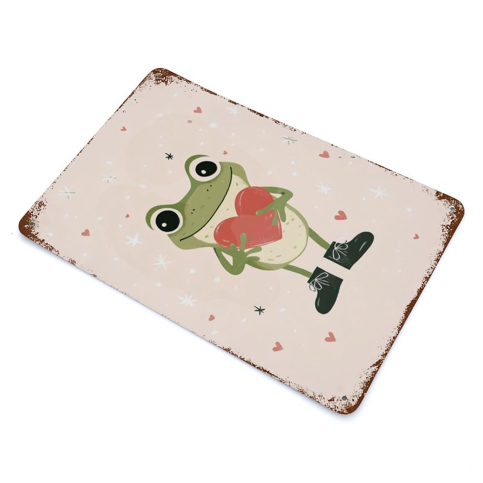 Distressed Metal Wall Sign Frog Holding Heart 11.8"x7.9", Vintage Wall Decor for Garage, Bar And Workshop Decor
