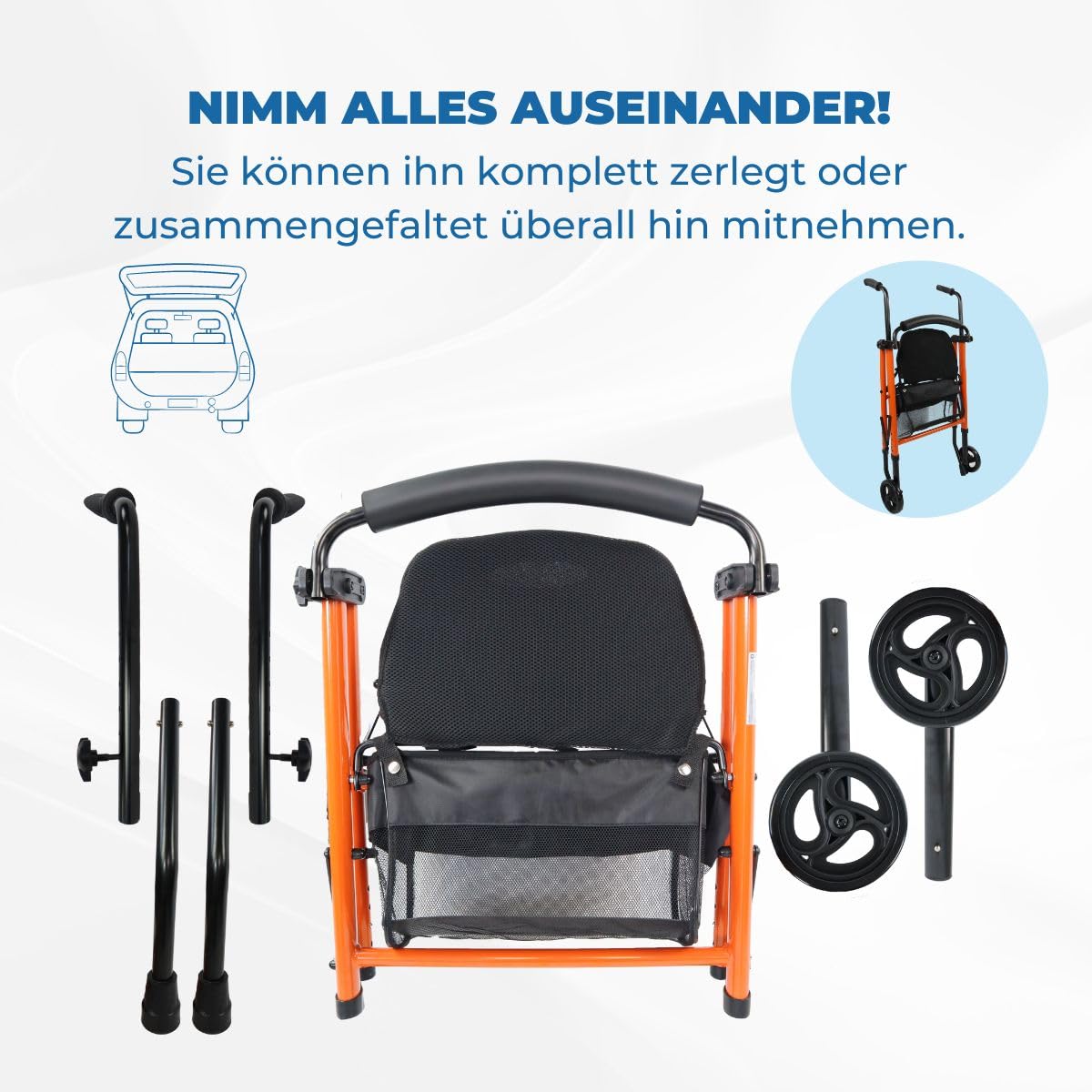 Mobiclinic®, Gehbock mit Rollen Klappbar, Zusammenklappbar, Höhenverstellbar, Nerón, Rollator, Mit Sitz und Rückenlehne, 2 Räder und Rutschfeste Trittflächen, Ablagekorb, Leichtgewicht, Stahl, Orange