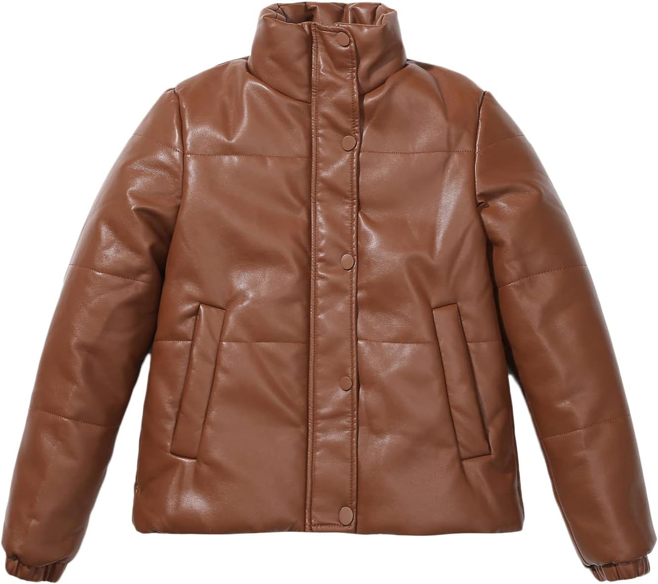 tuduoms Women Faux Leather Puffer Jacket Stand Collar Crop Short Winter Bubble Coat Waterproof Quilted Lightweight Parka Coat