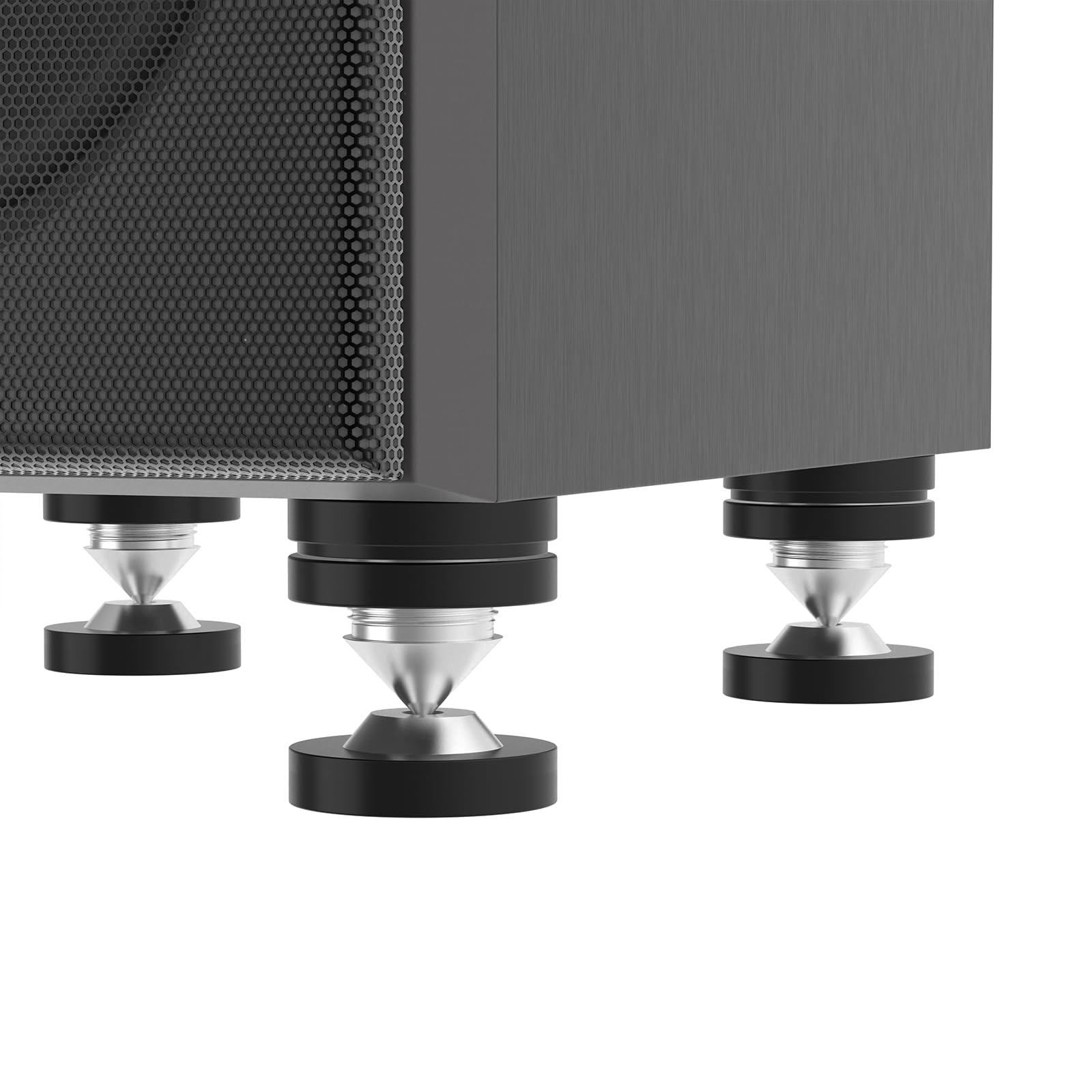 Monosaudio 4 Stück HiFi Lautsprecher Spikes 39×39mm Gerätefüße POM Einstellbare Höhe Lautsprecherständerfüße Stoßdämpfer Pads Isolationsfüße Untersetzer für Verstärker Subwoofer DAC und Plattenspieler