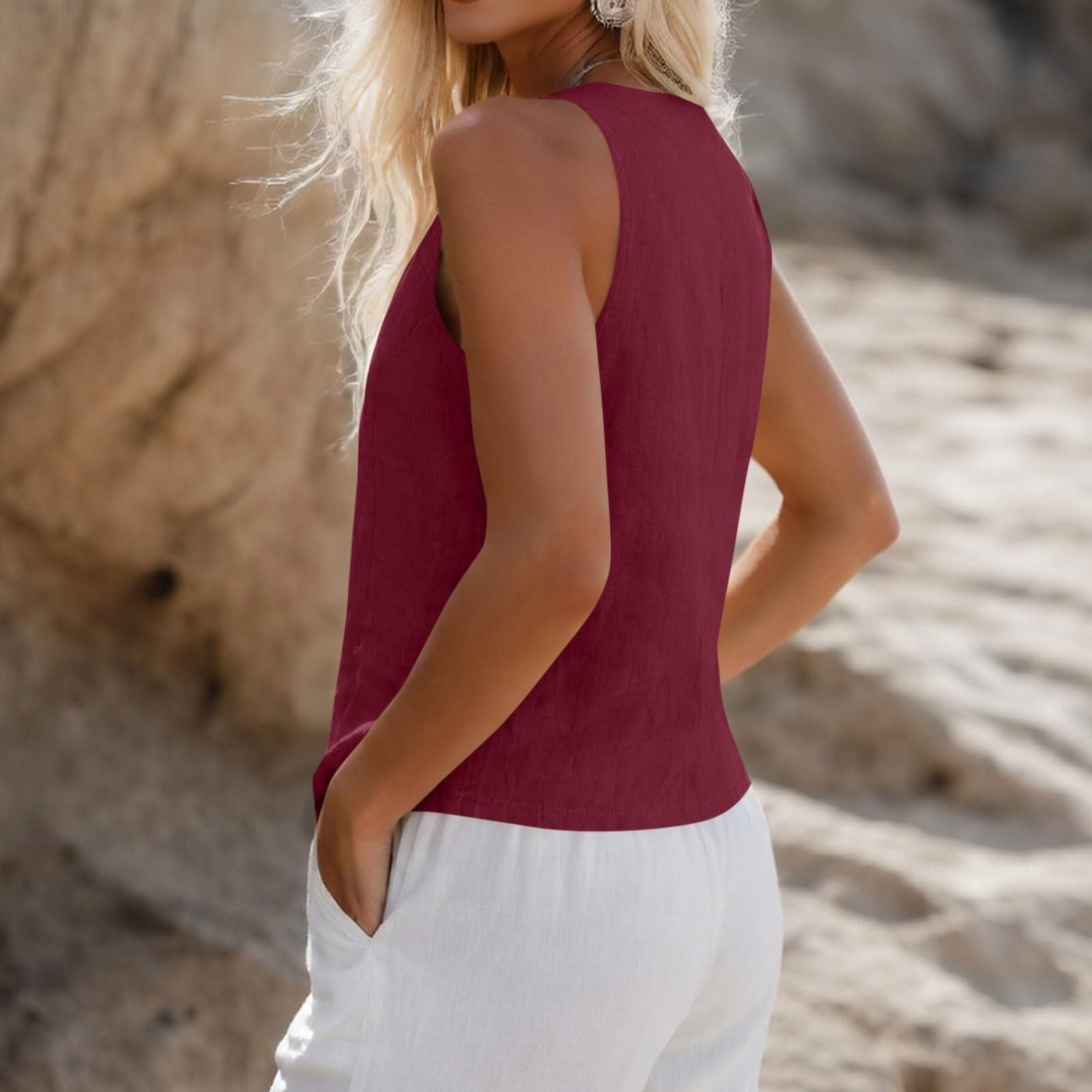 Canotta da donna in lino, senza maniche, scollo a V, leggera, estiva, in cotone | Canotta leggera in lino con scollo a V e senza maniche, in misto cotone, elegante e traspirante, ideale