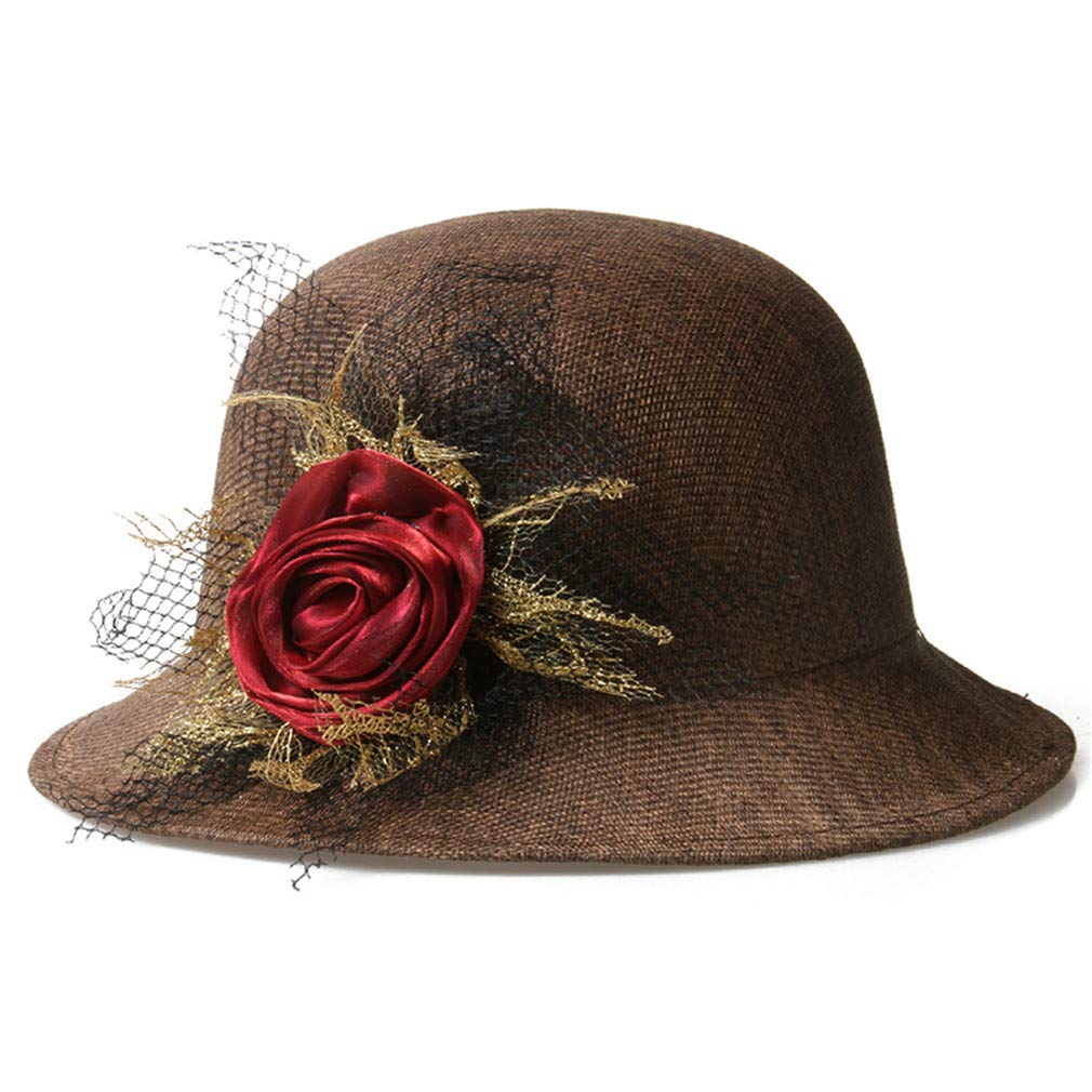 Ulalaza Vintage Cloche Bucket Hat with Flower Collapsible Felt Church Bowler Hat