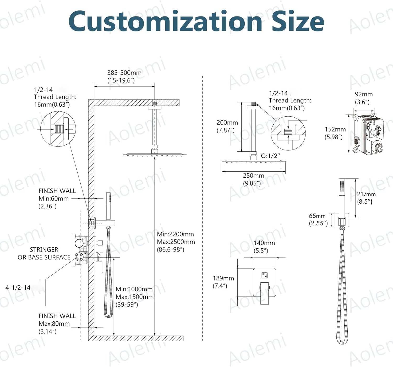 Aolemi Polski chromowany system deszczownicy 25 cm do montażu na suficie kwadratowa głowica prysznicowa zestaw z prysznicem ręcznym 2 w 1, 2 funkcje, mocowanie baterii prysznicowej, szorstka w