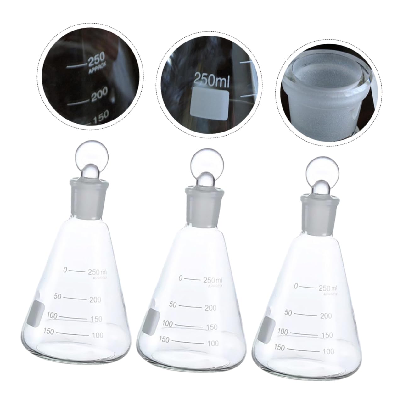 Set 3 Pezzi Beuta Conica in Vetro 250ml con Tappo Sughero, Vetreria da Laboratorio per Esperimenti di Chimica in Classe, Bottiglia Liscia e Inodore