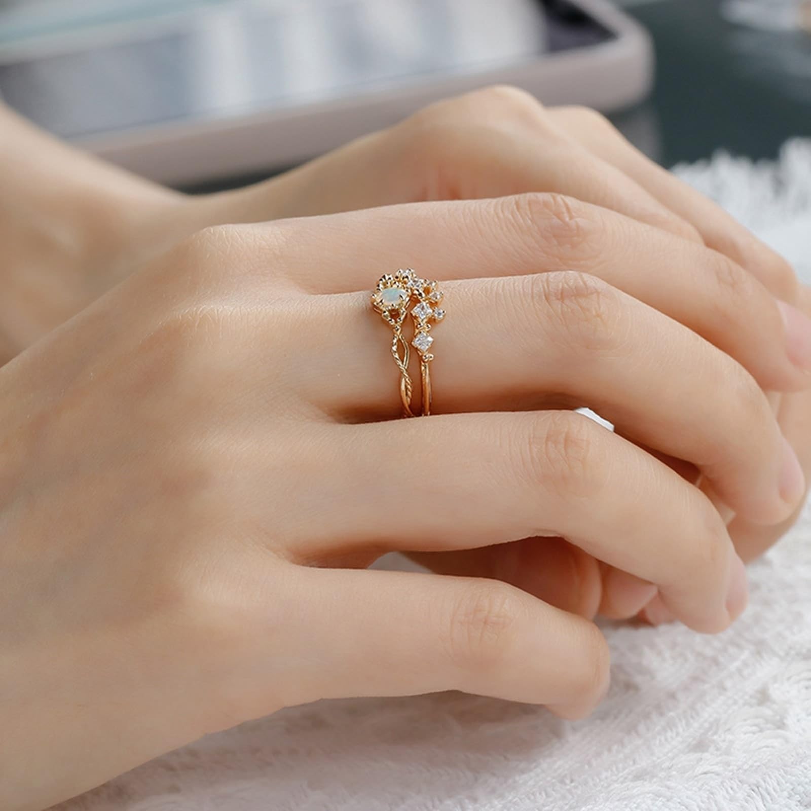 Alianzas de boda de oro auténtico, 9 K/14 K/18 K con ópalo ovalado, anillo de boda vintage delicado