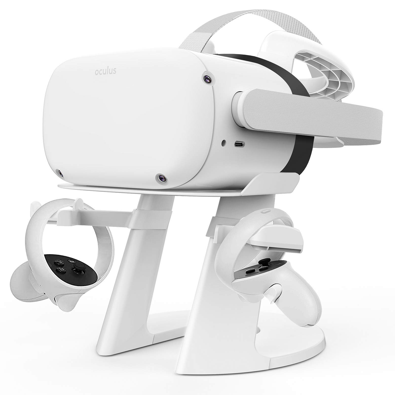 Delamu VR Stand, Compatible with Oculus Quest 2 Stand, VR Headset Stand for Oculus Quest/Quest 2/Rift S/HTC Vive/Valve Index, VR Holder, Virtual Reality Headset and Controllers Holder, White