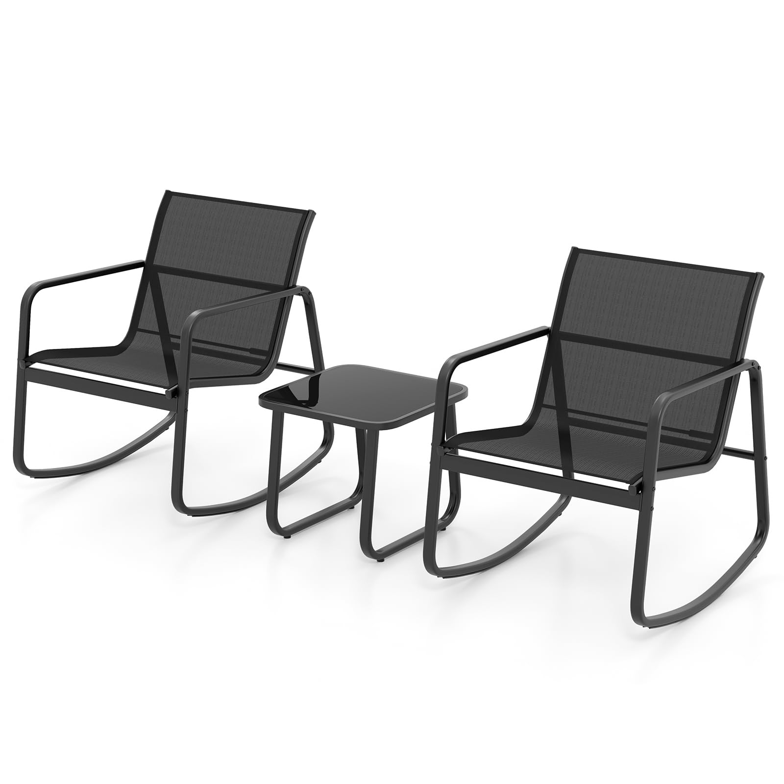 KOMFOTTEU Set da Bistrò in Tessuto Textilene, Set da Giardino in 3 Pezzi, Tavolo Portato 50 kg, 2 Sedie a Dondolo Portate 150 kg, Set Tavolo e Sedie da Esterno, Nero (Nero)