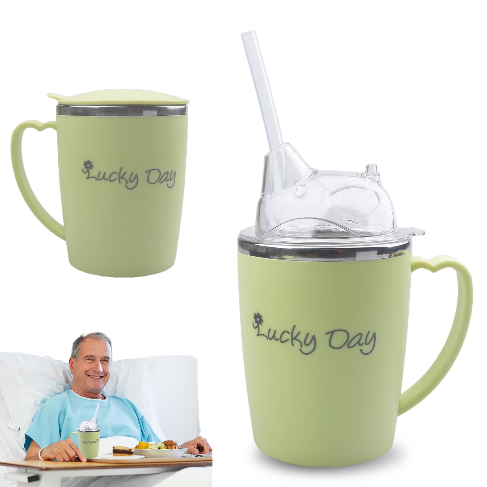 Taza con pico para personas mayores: vaso de 350 ml para personas mayores, 3 en 1 a prueba de fugas con paja de 30 cm, vaso de acero inoxidable con asa para pacientes, ancianos y mujeres