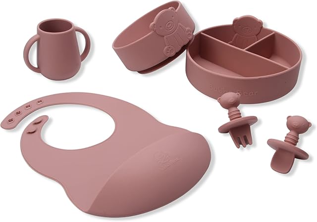 Bubba Bear ® Baby Weaning Suction Plate, Bowl, Bib & Spoon Set | Toddler Feeding Bowls, Plates & Spoons Sets for Babies (Powder Pink, 6)
