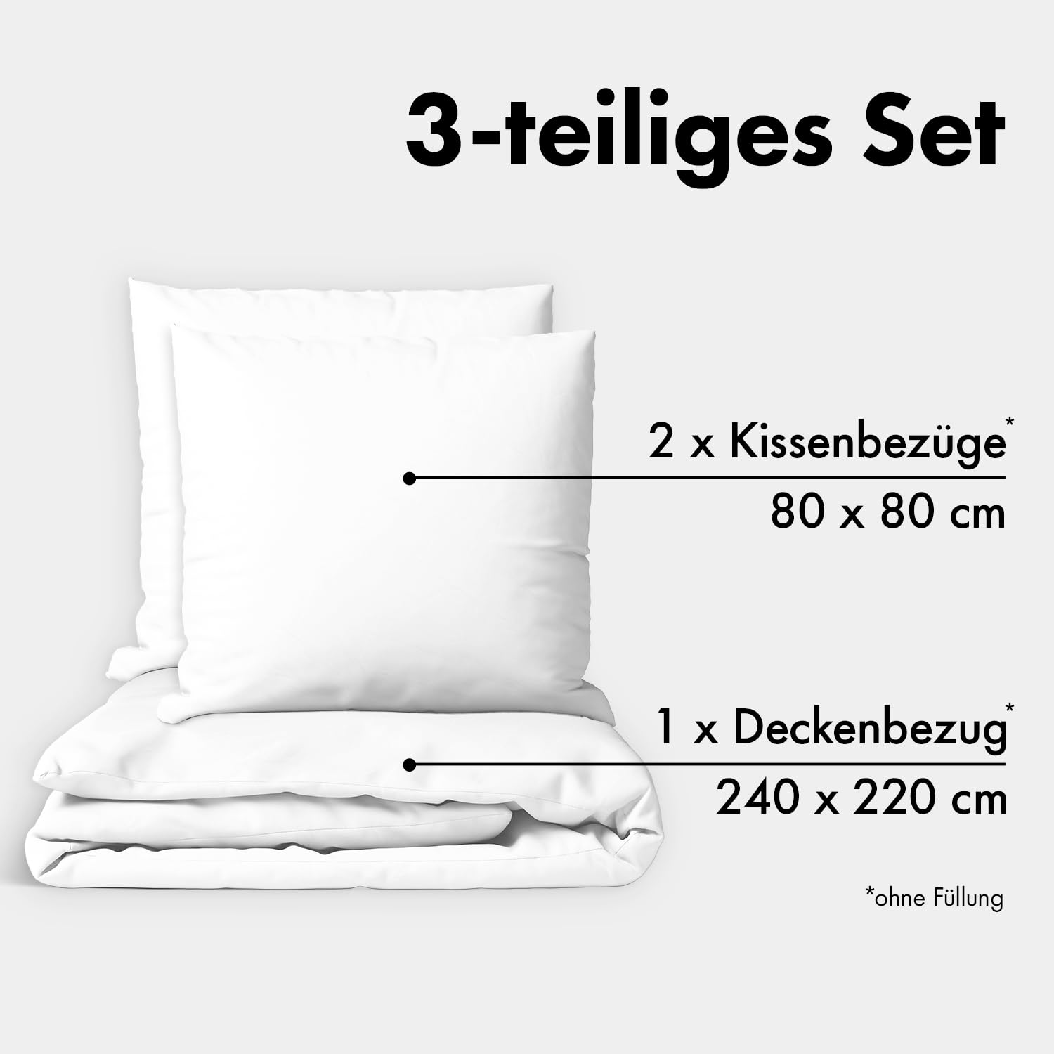 JACOBSON Set di Biancheria da Letto 240 x 220 cm, 100% Cotone, Copripiumino, 2 Federe 80 x 80 cm, Percalle, 3 Pezzi Con Chiusura Lampo (Bianco)
