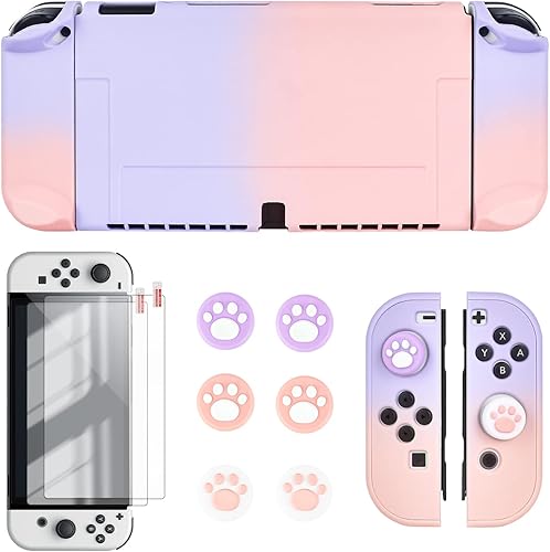 DLseego Switch OLED Protective Case Dockable Hard Shell Anti-Scratch Cover Joycon Accessory Skin with 6PCS Thumb Grips Caps and 2Pc Screen