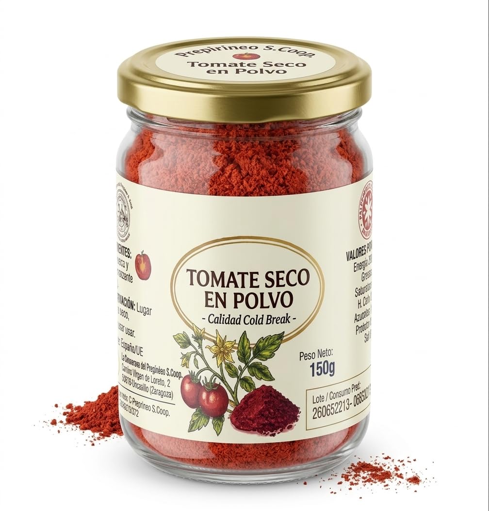 Tomate Seco en Polvo Premium (150g)-Molido Fino, Sabor Intenso y Natural- Ideal para Pasta, Sofritos y Pasta de Tomate Concentrada (1 bote 150g)