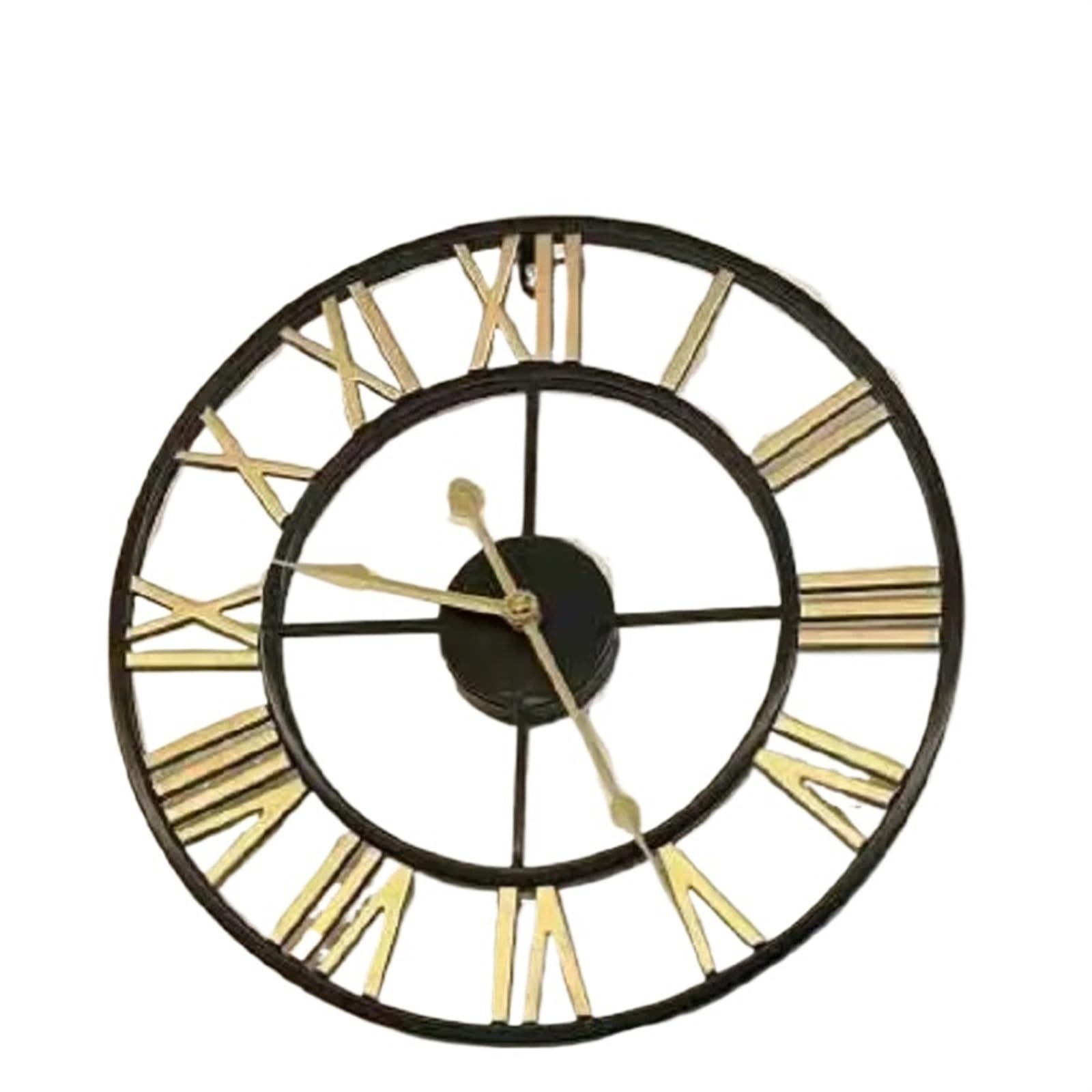 VFDVSWZSA Stylish wall clock, Metal Numeral Retro Iron Round Face Black Gold Large Outdoor Garden Clock For Home Decoration(Gold and Black)