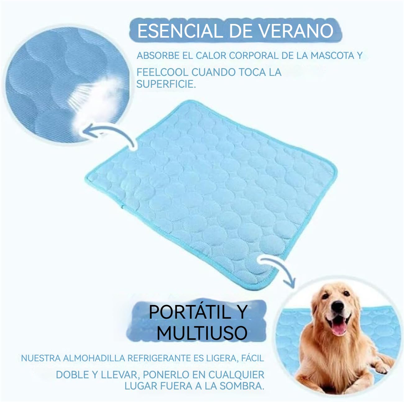 Alfombrilla Refrescante para Perros y Gatos, Manta Refrigerante sin Gel Químico, Tela Ice-Silk Transpirable, Autoenfriamiento por Contacto, Portátil, Antideslizante y Lavable para Verano