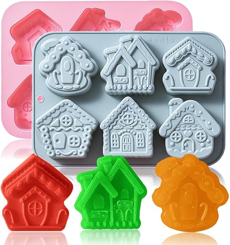 Paquete de 2 moldes para tartas de casa de jengibre, molde para hornear de casa de jengibre de Navidad, molde de silicona para hornear 6 cavidades,