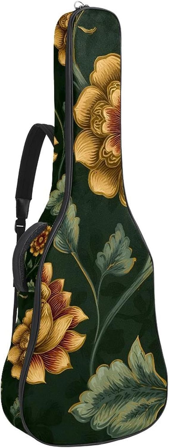 Elegant Flowers Pattern in Sage Green and Gold Tones Acoustic Guitar Gig Bag, 1 cm Thick Padding Waterproof Guitar Bag Backpack for 40 41 42 Inch Electric Bass Classical Guitars