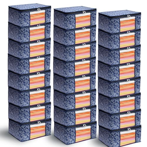Image of Flower Printed Saree Covers for Cloth Storage & Wardrobe | Transparent Window, Zipper Closure | Blue | Pack of 24 | Dustproof, Breathable, Travel & Home Use