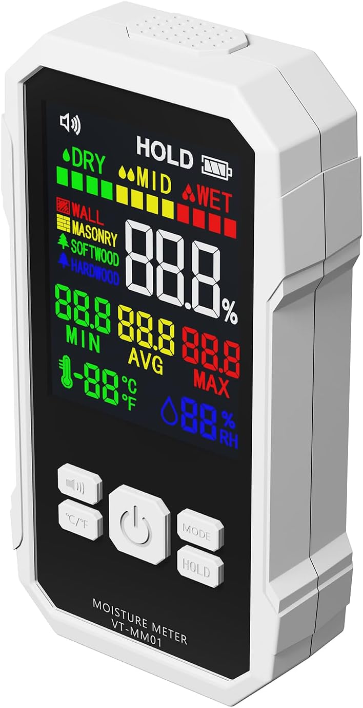 Pinless Wood Humidity Meter, Wall Humidity Sensor with LCD Display & One Key Record Function, 4 Measurement Modes, Digital Tester, Ideal for Firewood Concrete Building (White)