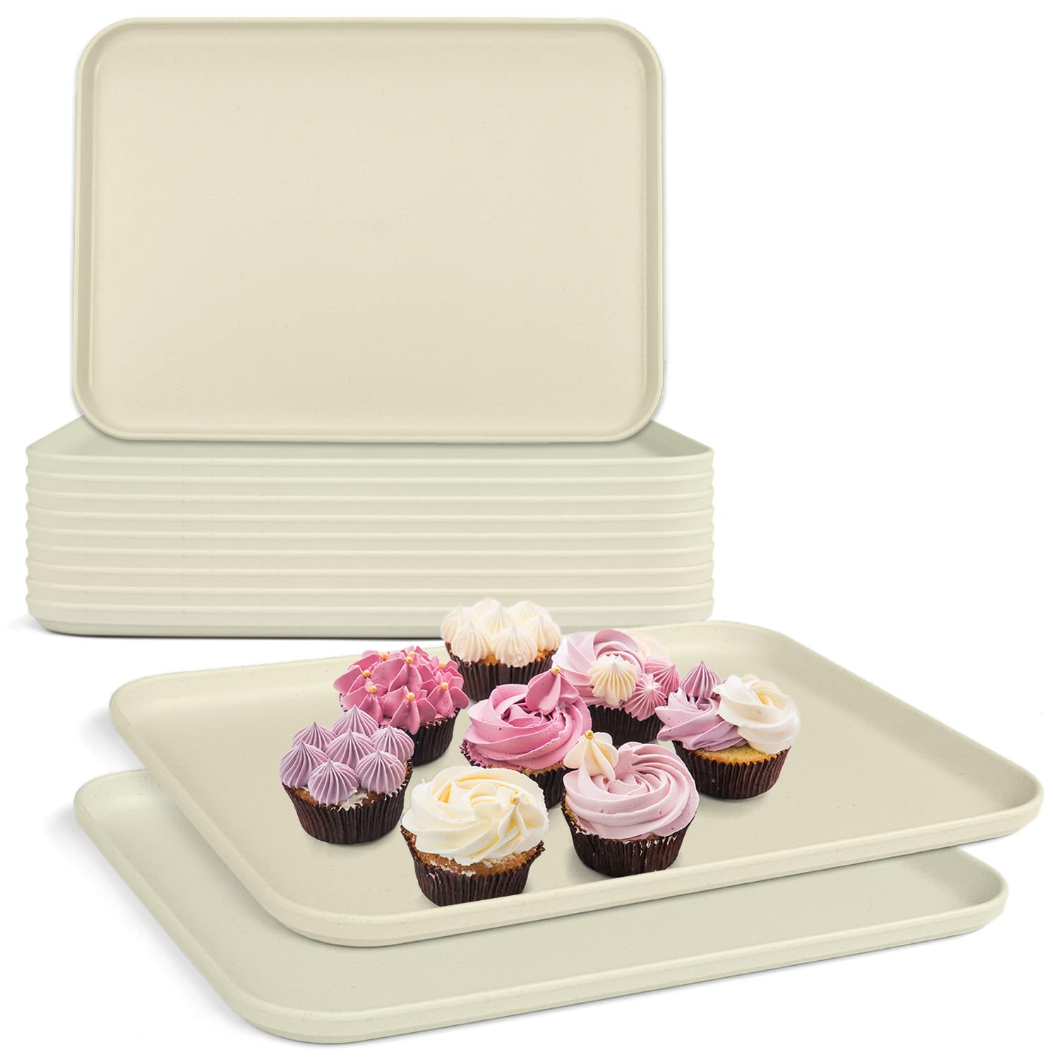 Bandejas de plástico para servir, paquete de 12 bandejas de cafetería de plástico para proyectos de bricolaje, pintura, cuentas, organización de suministros, 9.4 x 6.7 x 1.5 pulgadas (beige claro)