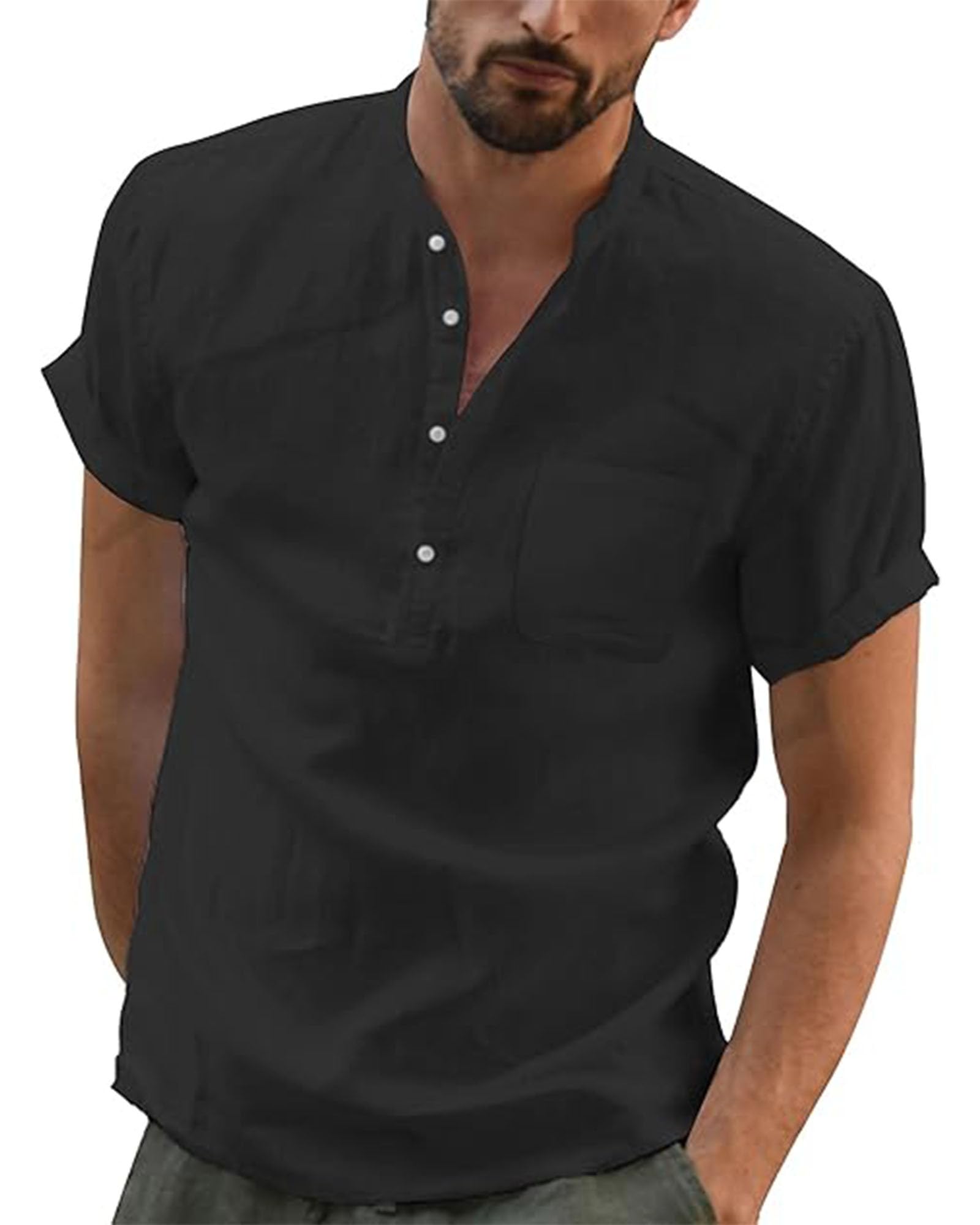 JESDM Leinen Hemd Herren Kurzarm Sommer Shirt Männer Henley mit Brusttasche Universal Fit M-3XL