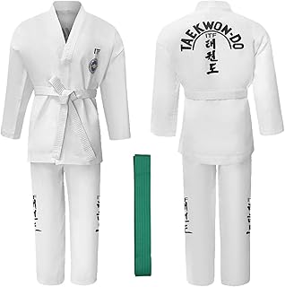CHUIKUAJ Gi de Karate para Niños y Adultos, Uniforme de Taekwondo ITF con Cinturón Verde, Uniforme de Entrenamiento Unisex para Estudiantes, para Taekwondo Nivel 6,White-180