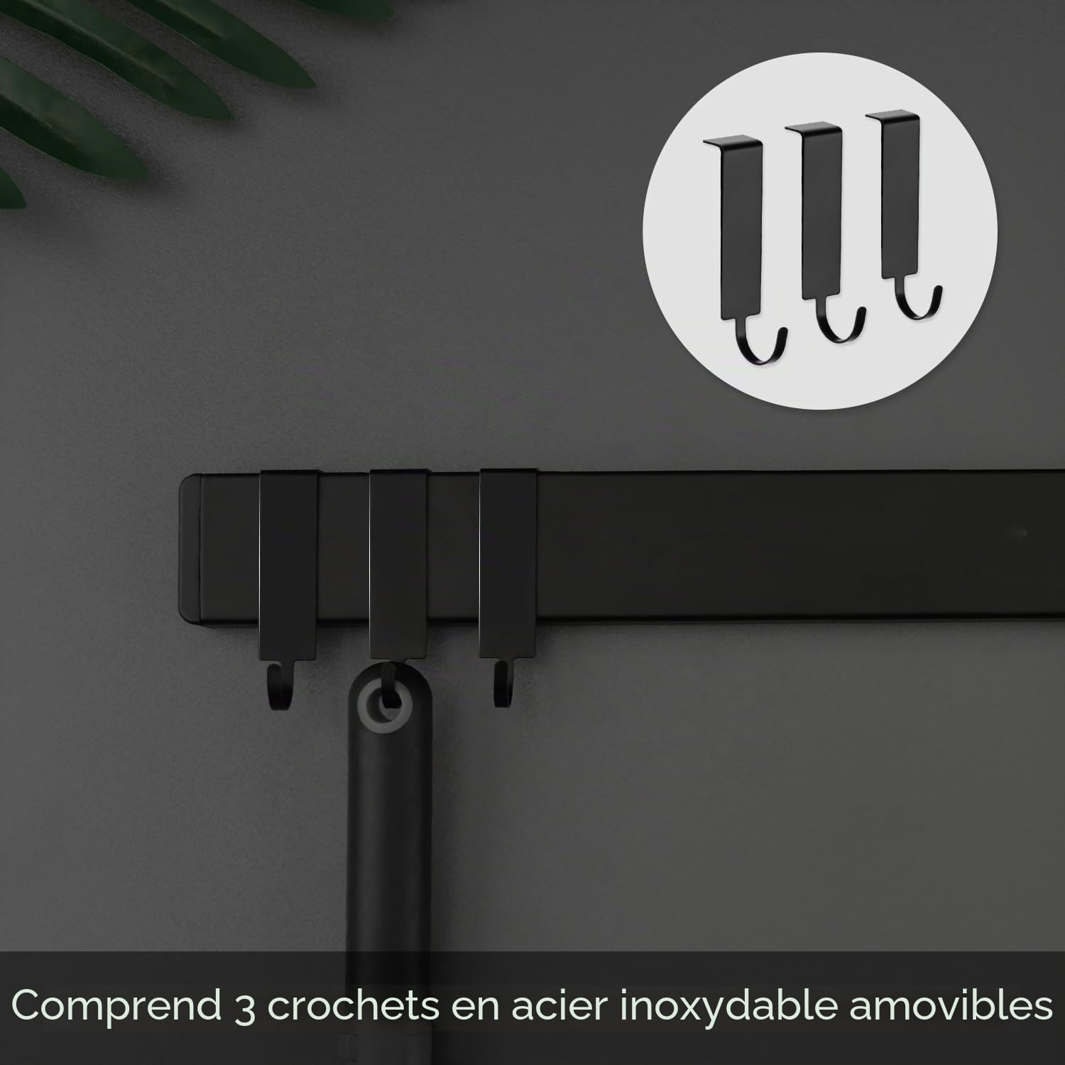 Barre magnétique Trhillsbrad de 60 cm - Porte-couteaux magnétique avec 3 crochets - En acier inoxydable - Noir - Fixation murale - Sans perçage