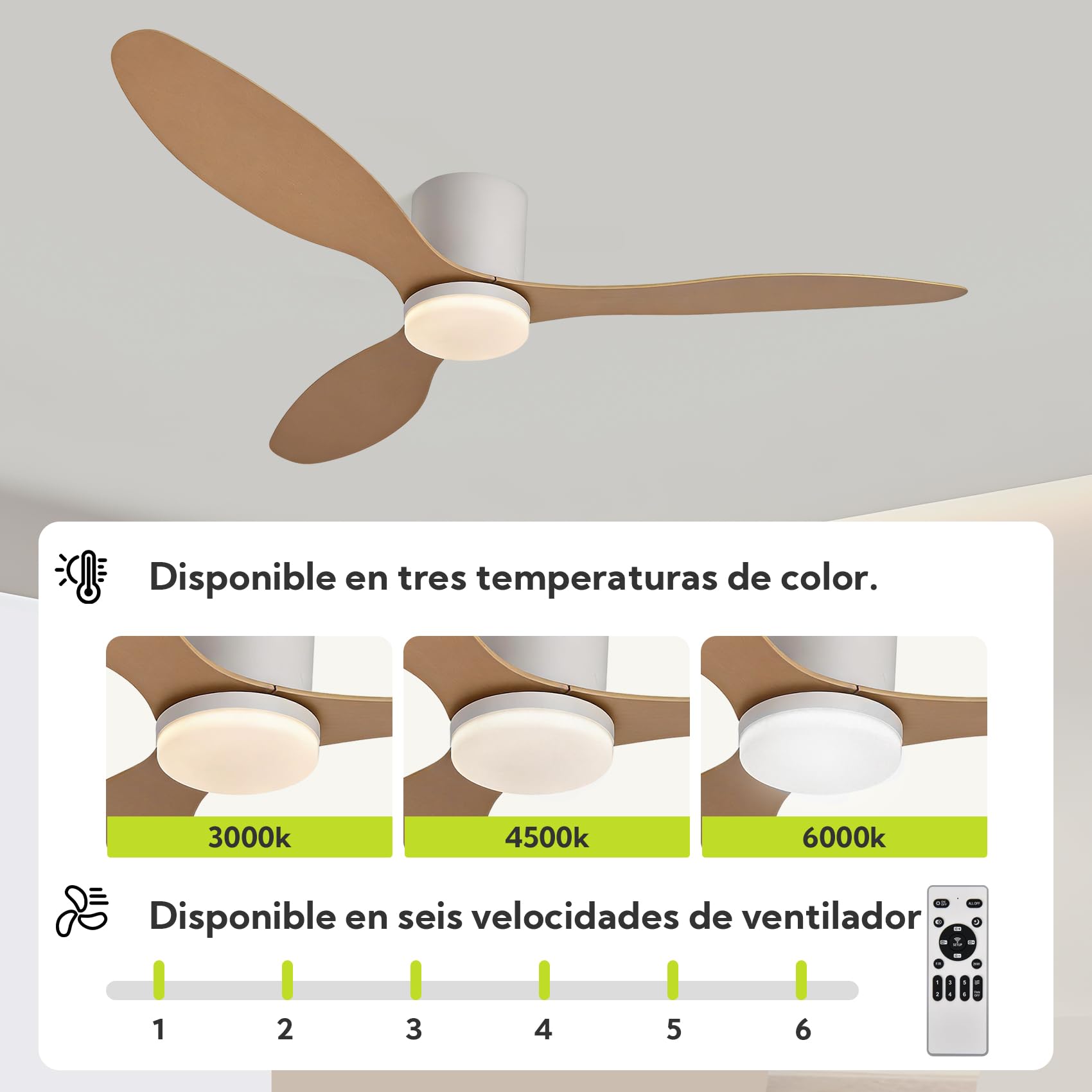Ventilador de Techo Grande con Luz y Mando 132cm (52"), Motor DC Silencioso, 3 Aspas Plástico Efecto Madera Clara, LED Regulable, Estilo Nórdico para Salón, Blanco y Madera