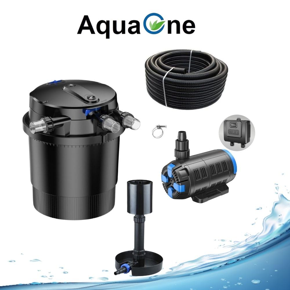 AquaOne Juego de filtros para estanque n.º 61s CPA 20000, filtro de presión 37-180 W, bomba de estanque ecológica, hasta 40.000 l, manguera para estanque