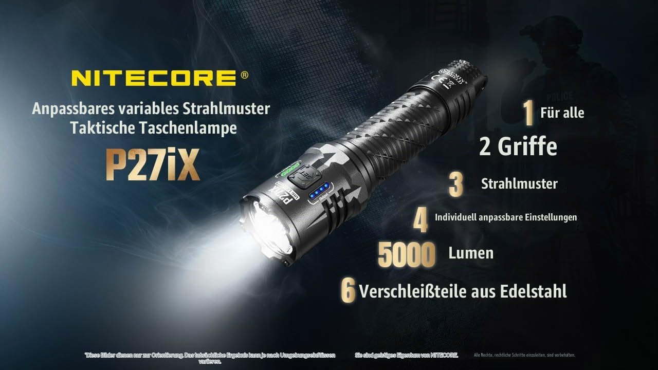 Nitecore P27iX - 5000 Lumen taktische LED-Taschenlampe, USB-C wiederaufladbar, benutzerdefinierte Doppelschalter-Steuerung, gemischter Flutstrahl, leistungsstarke EDC-Taschenlampe