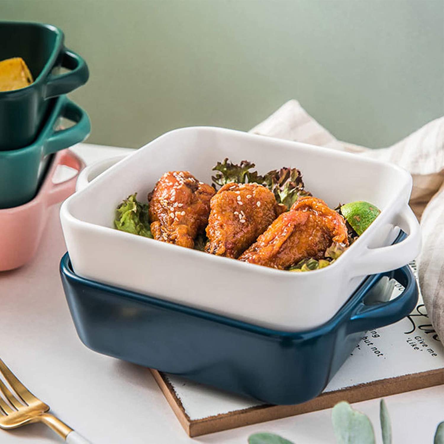 YXSH Bandeja Rectangular Cerámica de gres Fuente para Horno,Ideal para Lasaña Pastel Cazuela Tapas -Dark Green
