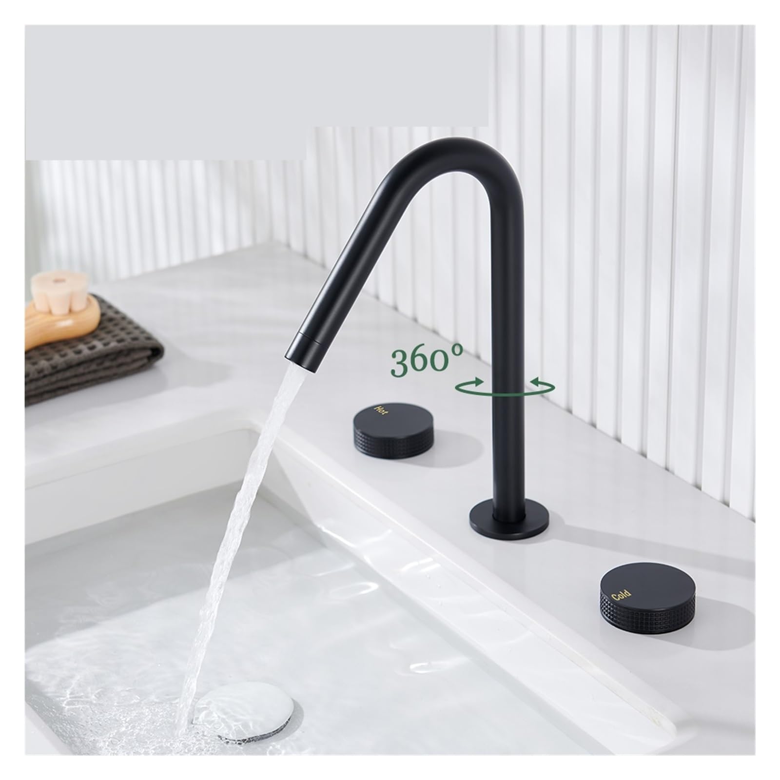 Grifo de Lavabo Negro Mate de 3 uds., Mezclador de Fregadero frío y Caliente, Montaje en encimera, Mango Doble moleteado, Grifo de 3 Agujeros, Kit de Grifo de baño(1733D-GM)