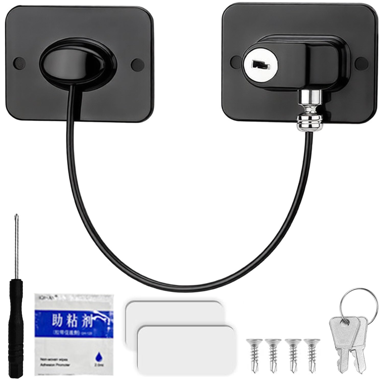 Wopanxye Fridge Locks for Kids, Cabinet Locks with Keys, Child Proof Freezer Door Lock, Resists Pulling Stainless Steel Wire, with Adhesive and Screws, for Closets, Windows, Drawers(Black)