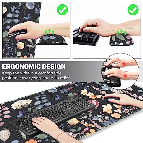 Image of ARTSO Gaming Mouse Pad Wrist Support Set, XXL Large Desk Mat Mousepad + Keyboard Wrist Support+ Mouse Wrist Rest+Coaster 4in1 Ergonomic, Memory Foam, Stitched Edge for Home Office -Flowers Plants