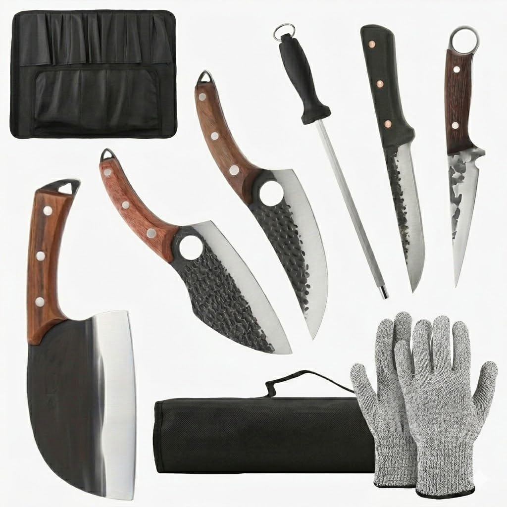 KLYTE 8-teiliges Messerset: Hackmesser & Kochmesser für BBQ | Perfektes Koch set für Männer & Grillset. Inkl. Metzgermesser, Tasche & Handschuh. Ideal als Camping Messer mit Holzgriff.