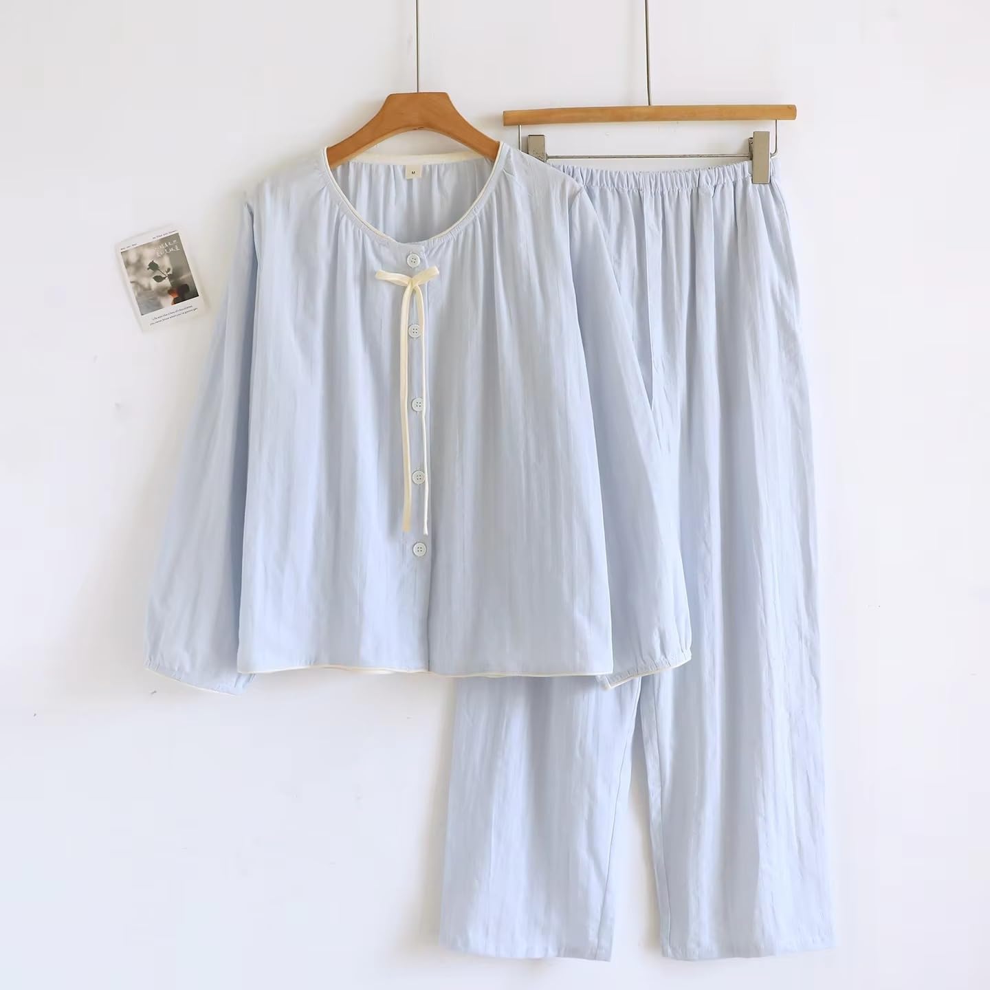 Conjunto de pijama de algodón de color liso para mujer, manga larga, pantalones largos, primavera y otoño