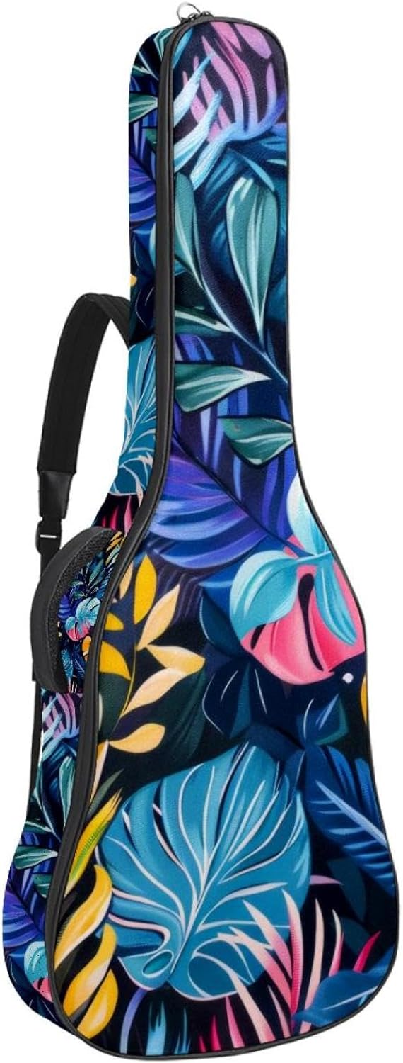 40 41 42 Inch Guitar Bags, Waterproof Padded Acoustic Guitar Case Backpack with Adjustable Shoulder Strap & Pockets, Colorful Boho Tropical Leaves