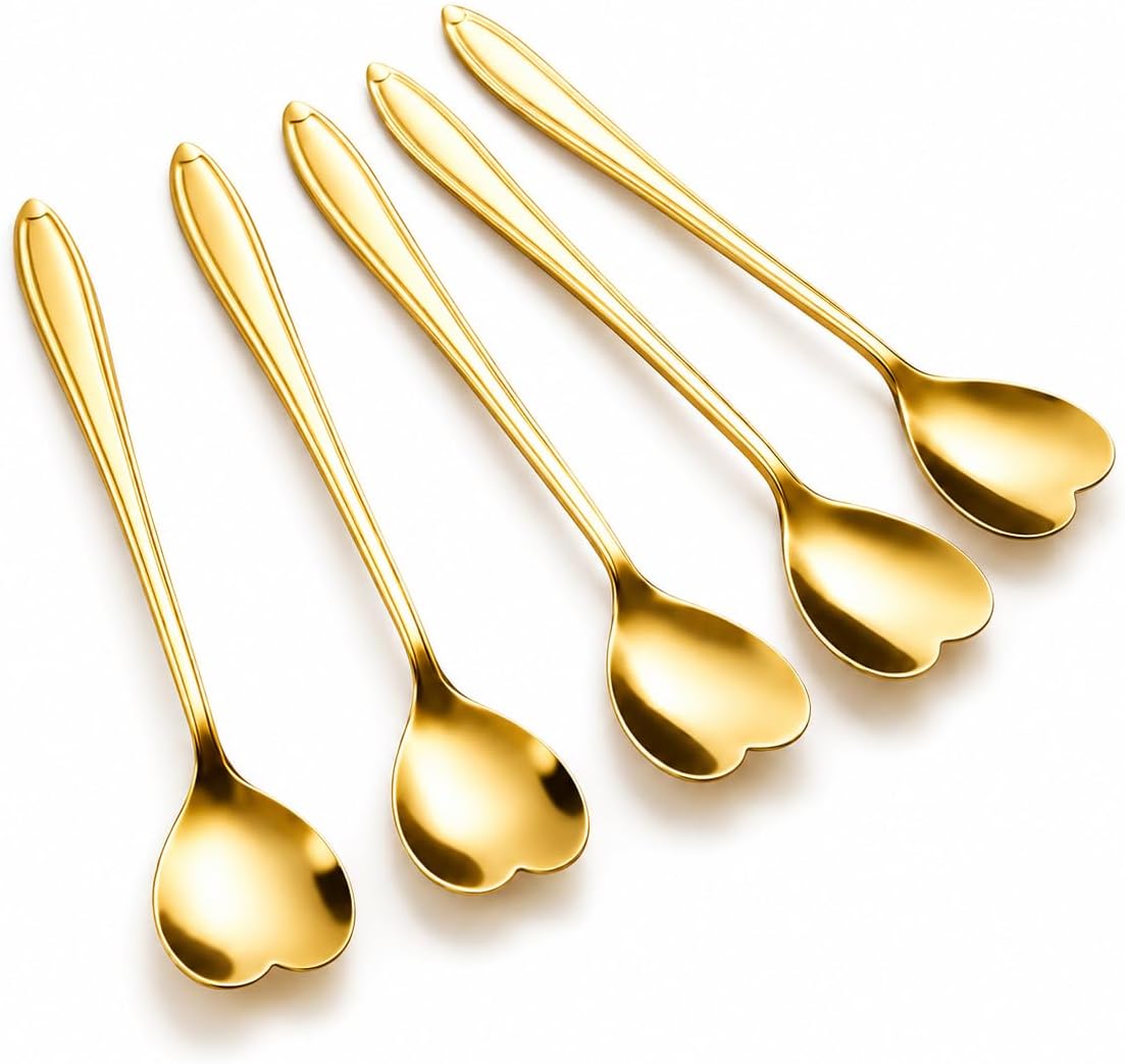 Kit Colher Coração Fofa para Cozinha Mesa Posta Douradas Café Sobremesa Chá Aço Inoxidável Kit Com 5 Colheres Coração