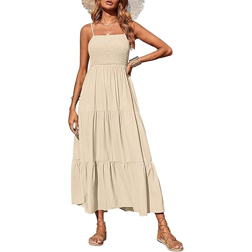 PRETTYGARDEN Womens Spaghetti Strap Smocked Tiered Long Beach Sun Dress