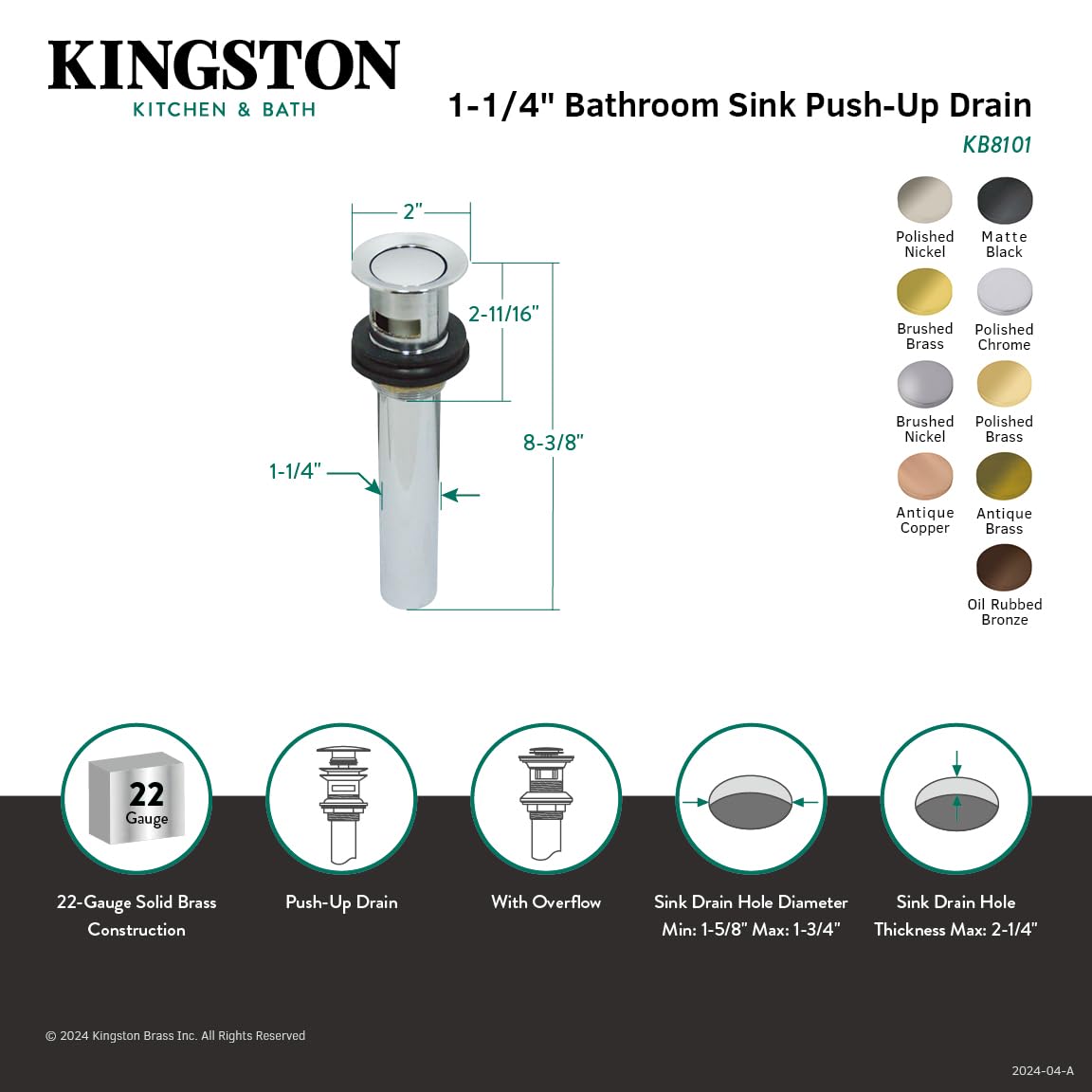 Kingston Brass KB8103 dopasowany odpływ push pop-up z przelewem, antyczny mosiądz